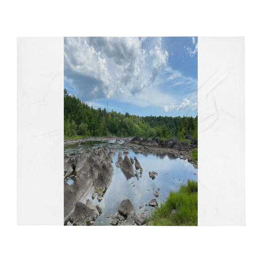 Rocks and water with a forest and blue sky in the background